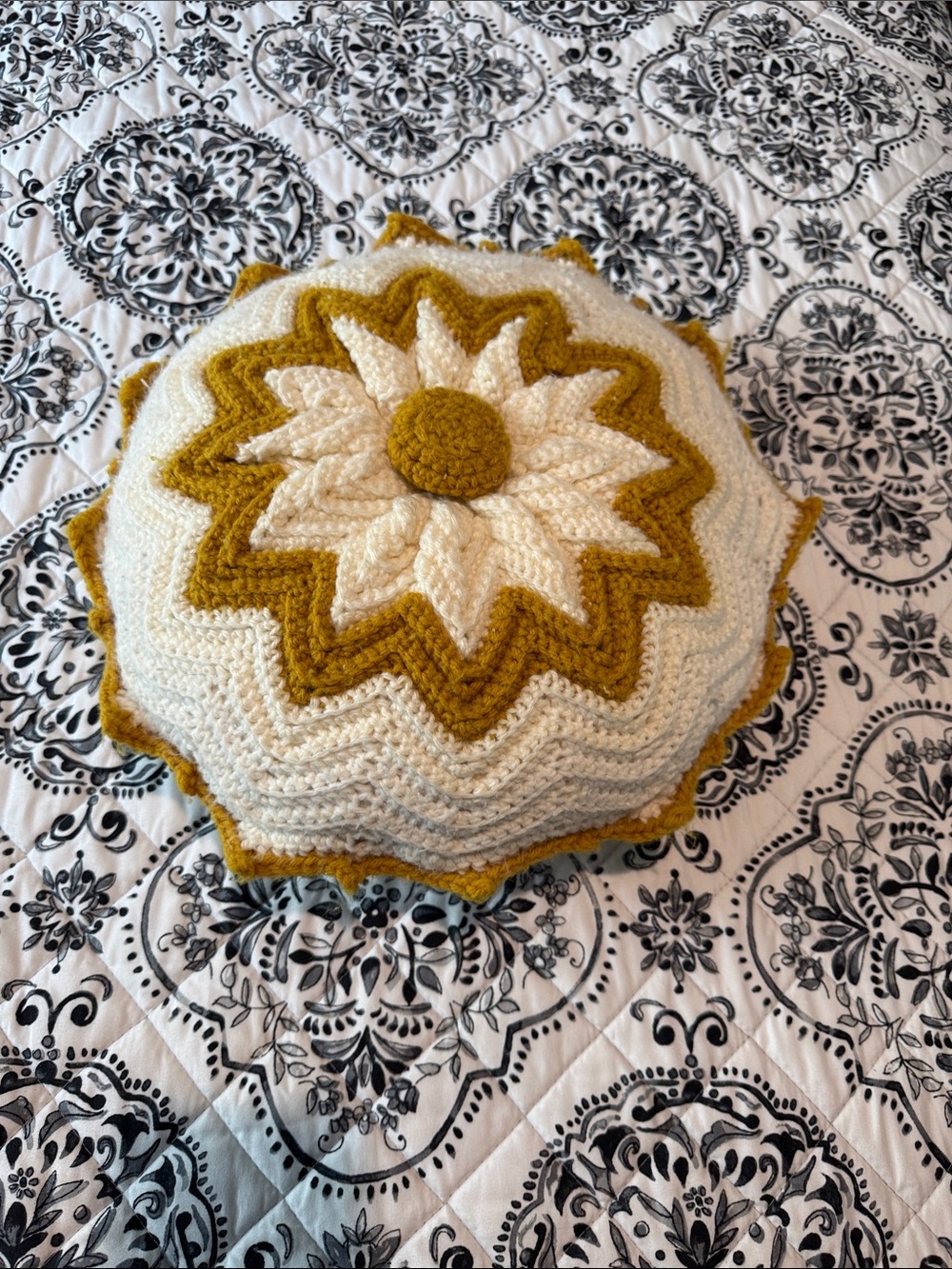 Handmade Cream and Mustard Crochet Decorative Pillow